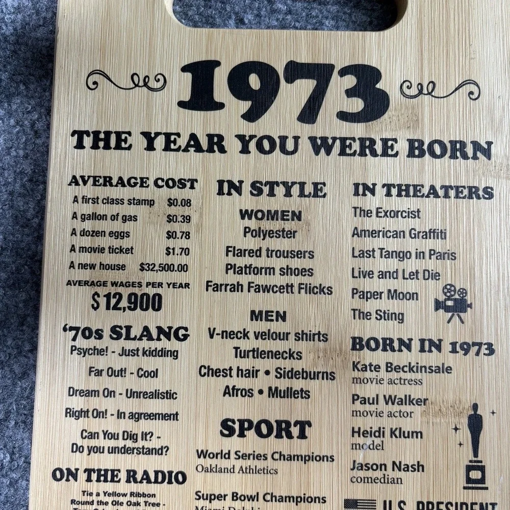 1973 Bamboo Cutting Board The Year You Were Born Birthday Gift Serving Board